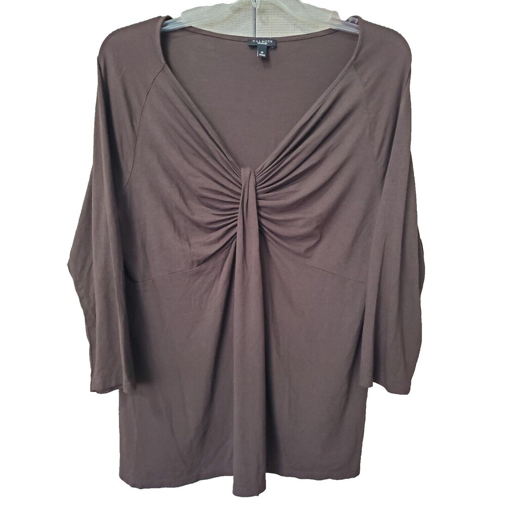 Talbots Brown Jesey Knit Gathered 3/4 Sleeve Blouse Size Medium
